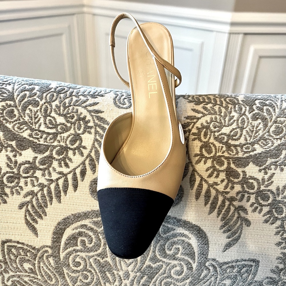 Chanel Beige & Black Sling-Back Heels